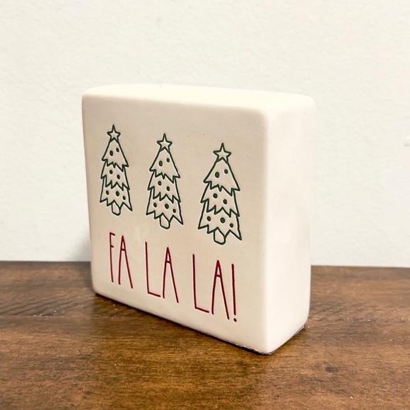 Rae Dunn Fa La La Christmas Tree Holiday Block Ceramic Sign White Red - Picture 9 of 10